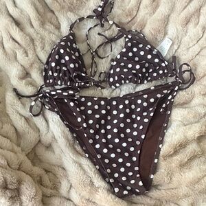 Brown Polka Dot Tie-Side Bikini Set